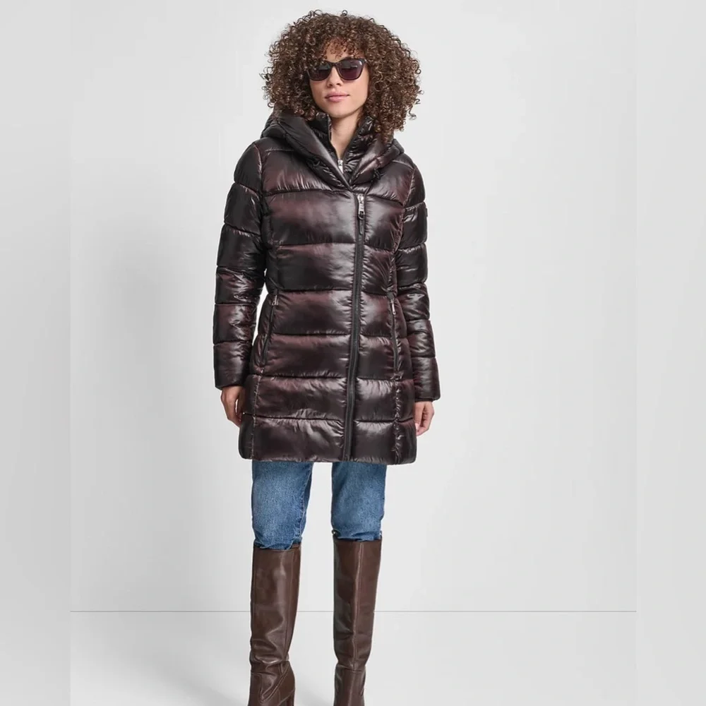 ❄️ DKNY Metallic burgundy Black Cherry 🍒 Bib Packable Shiny Bomber Jacket Coat - Picture 4 of 7